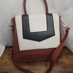 Lionel Vegan Leather Handbag Messenger Crossbody Stiff Body Brown Blk White Gold